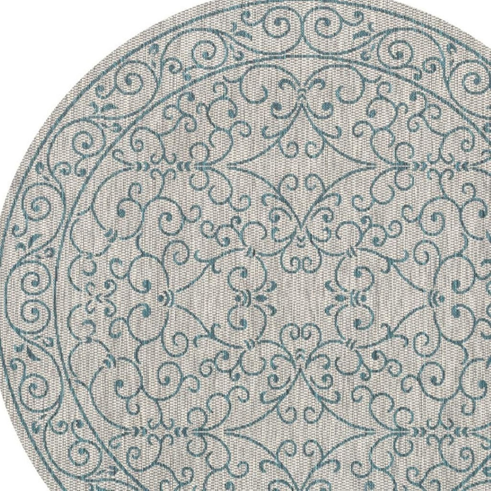 HomeRoots 9' Gray and Teal Blue Round Medallion Rug - Stylish Indoor/Outdoor Design, Durable & Easy Care Solution 704338