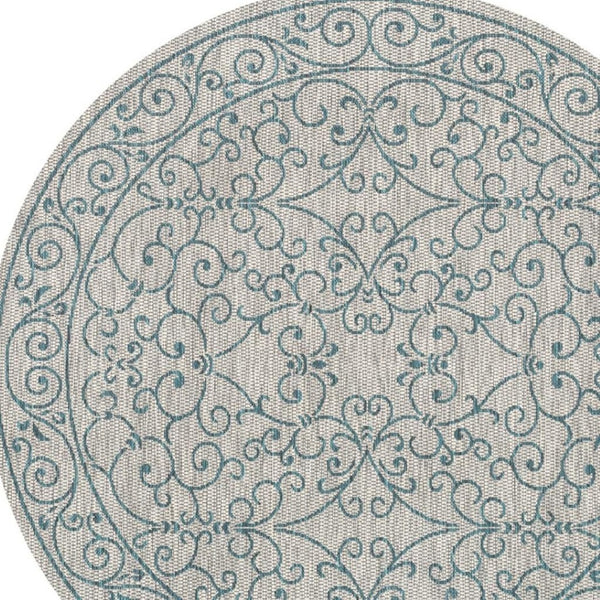 HomeRoots 9' Gray and Teal Blue Round Medallion Rug - Stylish Indoor/Outdoor Design, Durable & Easy Care Solution 704338