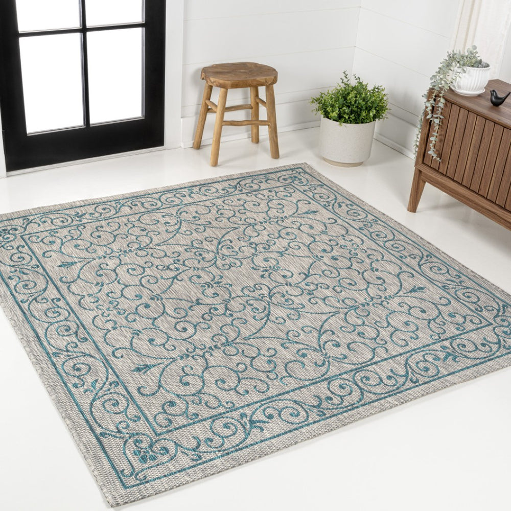 HomeRoots 9' Gray and Teal Blue Square Medallion Rug – Weather-Resistant Indoor/Outdoor Area Rug for Any Space 704339