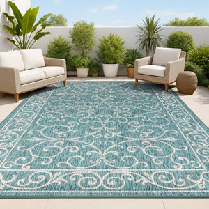 HomeRoots 10' Teal Blue and Gray Medallion Area Rug - Stylish, Durable Indoor/Outdoor Flooring for Any Space 704340