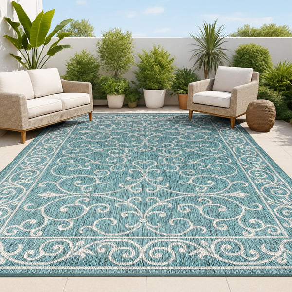 HomeRoots 10' Teal Blue and Gray Medallion Area Rug - Stylish, Durable Indoor/Outdoor Flooring for Any Space 704340