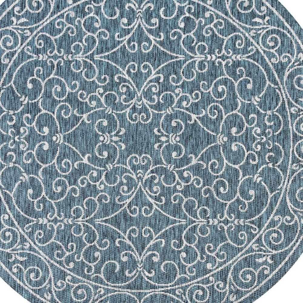 HomeRoots 8' Teal Blue and Gray Round Medallion Area Rug for Indoor & Outdoor - Stylish, Durable & Low Maintenance 704344