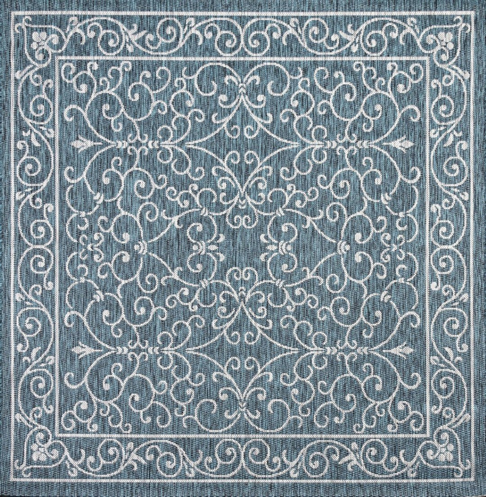 HomeRoots 8' Teal Blue Square Medallion Area Rug – Stylish Indoor/Outdoor Design for Modern Spaces & Easy Care 704345