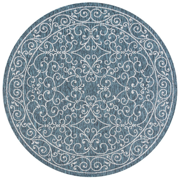 HomeRoots 9' Teal Blue and Gray Round Medallion Rug – Stylish Indoor/Outdoor Area Rug for Modern Spaces 704346
