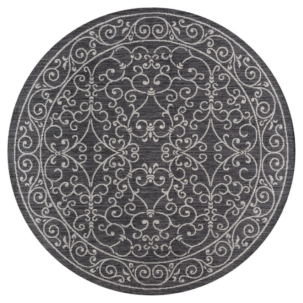 HomeRoots 5' Round Medallion Area Rug in Black and Gray - Durable Indoor/Outdoor Geometric Design for Any Space 704350