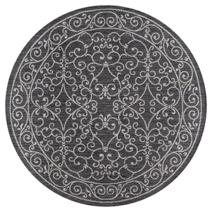 HomeRoots 5' Round Medallion Area Rug in Black and Gray - Durable Indoor/Outdoor Geometric Design for Any Space 704350