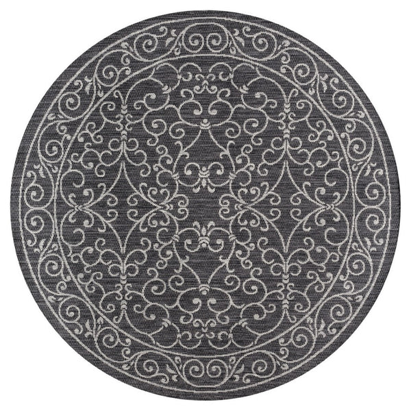 HomeRoots 5' Round Medallion Area Rug in Black and Gray - Durable Indoor/Outdoor Geometric Design for Any Space 704350