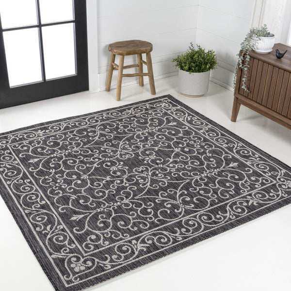HomeRoots 8' Black and Gray Medallion Area Rug - Stylish Square Design for Indoor & Outdoor Spaces, Durable & Chic 704356