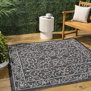 HomeRoots 8' Black and Gray Medallion Area Rug - Stylish Square Design for Indoor & Outdoor Spaces, Durable & Chic 704356