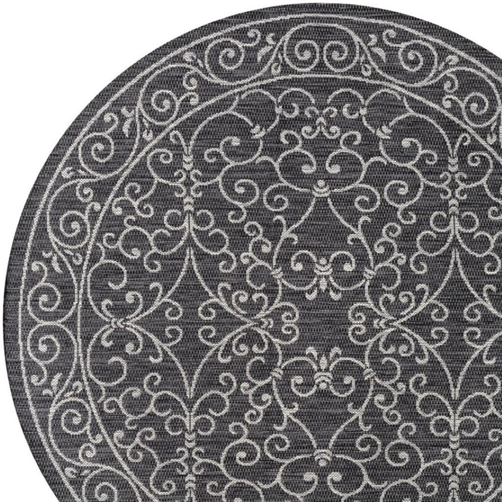 HomeRoots 9' Round Medallion Area Rug in Black and Gray - Stylish, Durable for Indoor & Outdoor Spaces! 704357