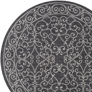 HomeRoots 9' Round Medallion Area Rug in Black and Gray - Stylish, Durable for Indoor & Outdoor Spaces! 704357