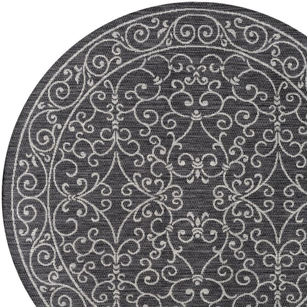 HomeRoots 9' Round Medallion Area Rug in Black and Gray - Stylish, Durable for Indoor & Outdoor Spaces! 704357