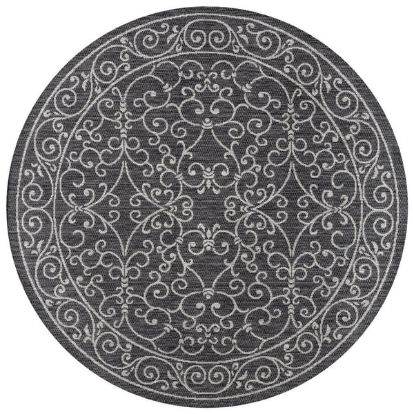 HomeRoots 9' Round Medallion Area Rug in Black and Gray - Stylish, Durable for Indoor & Outdoor Spaces! 704357
