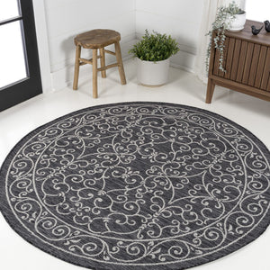 HomeRoots 9' Round Medallion Area Rug in Black and Gray - Stylish, Durable for Indoor & Outdoor Spaces! 704357