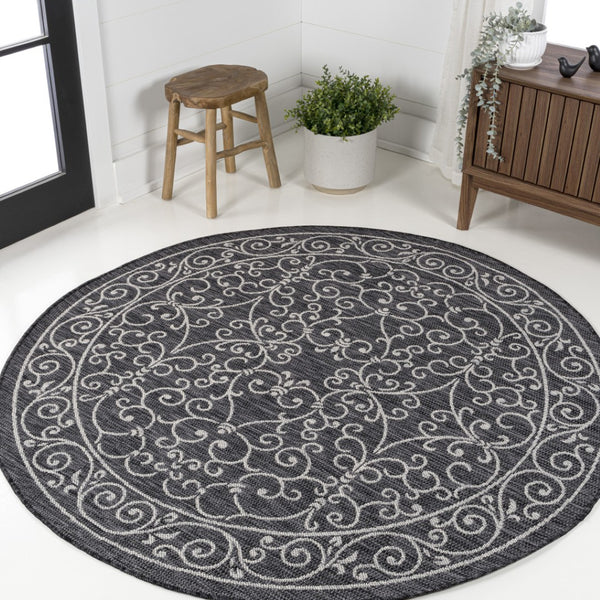 HomeRoots 9' Round Medallion Area Rug in Black and Gray - Stylish, Durable for Indoor & Outdoor Spaces! 704357
