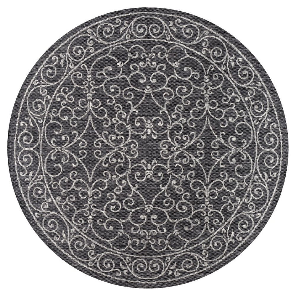 HomeRoots 9' Round Medallion Area Rug in Black and Gray - Stylish, Durable for Indoor & Outdoor Spaces! 704357