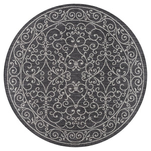 HomeRoots 9' Round Medallion Area Rug in Black and Gray - Stylish, Durable for Indoor & Outdoor Spaces! 704357