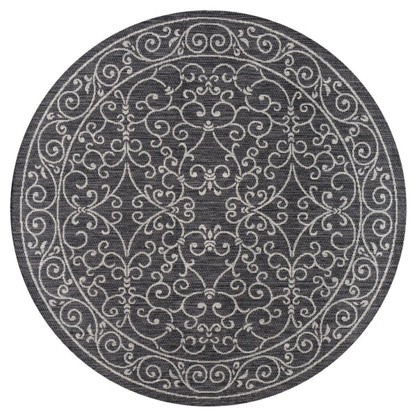 HomeRoots 9' Round Medallion Area Rug in Black and Gray - Stylish, Durable for Indoor & Outdoor Spaces! 704357