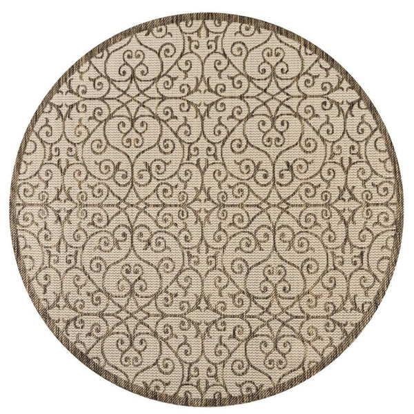 HomeRoots 8' Round Geometric Area Rug - Stylish Beige and Brown Indoor/Outdoor Design for Any Space 704363