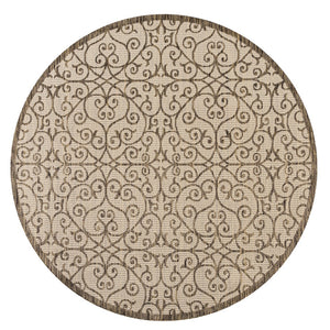 HomeRoots 8' Round Geometric Area Rug - Stylish Beige and Brown Indoor/Outdoor Design for Any Space 704363