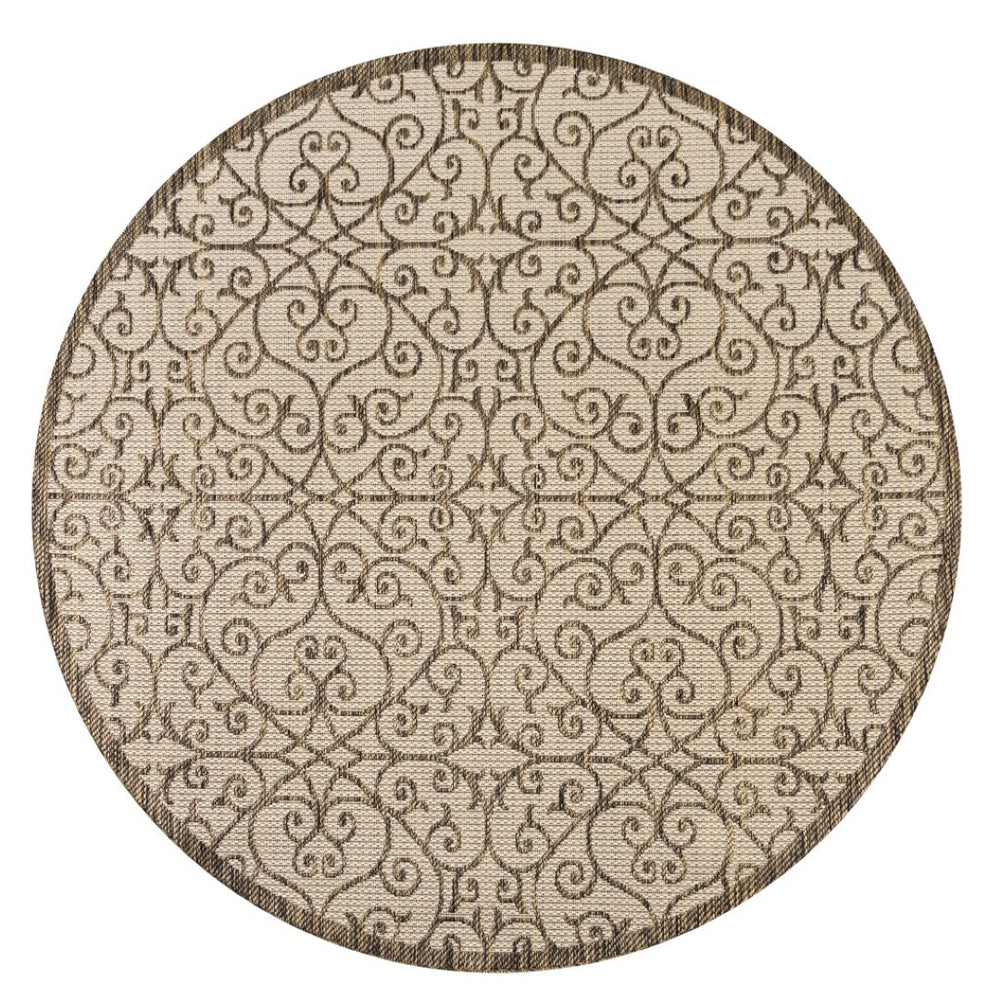 HomeRoots 9' Round Geometric Beige and Brown Area Rug - Versatile Indoor/Outdoor Decor for Modern Spaces 704365