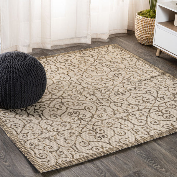 HomeRoots 9' Beige and Brown Geometric Area Rug - Stylish Indoor/Outdoor Square Design for Modern Spaces 704366