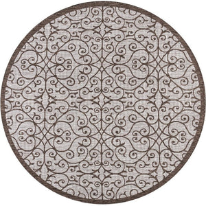 HomeRoots 8' Taupe and Espresso Round Geometric Area Rug - Stylish, Weather-Resistant Design for Indoors & Outdoors 704369