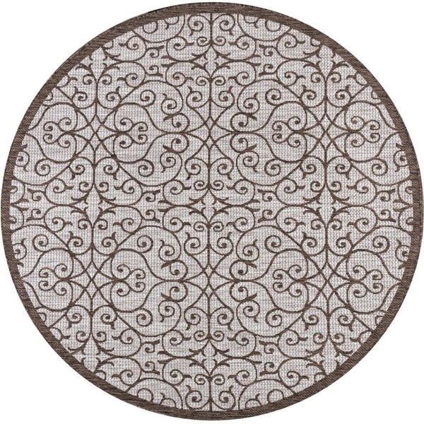 HomeRoots 8' Taupe and Espresso Round Geometric Area Rug - Stylish, Weather-Resistant Design for Indoors & Outdoors 704369