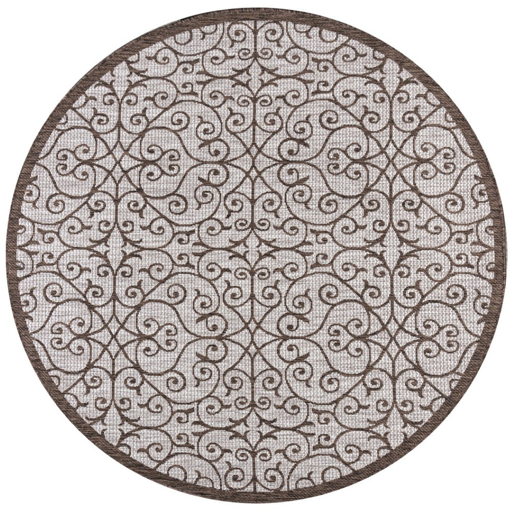 HomeRoots 8' Taupe and Espresso Round Geometric Area Rug - Stylish, Weather-Resistant Design for Indoors & Outdoors 704369