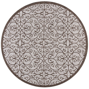 HomeRoots 8' Taupe and Espresso Round Geometric Area Rug - Stylish, Weather-Resistant Design for Indoors & Outdoors 704369