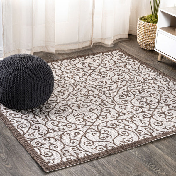 HomeRoots 8' Taupe and Espresso Square Geometric Rug - Stylish, Durable Indoor/Outdoor Area Rug for Modern Spaces 704370