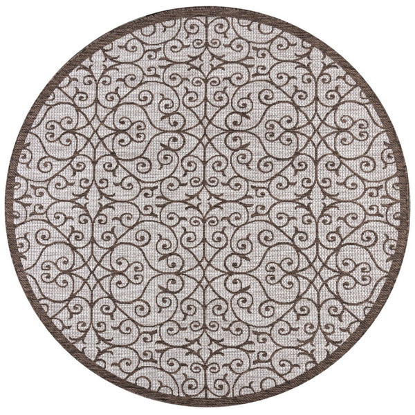 HomeRoots 9' Round Taupe and Espresso Geometric Area Rug - Modern Indoor/Outdoor Style, Durable & Easy Care 704371