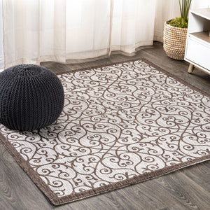 HomeRoots 9' Modern Taupe and Espresso Square Geometric Area Rug for Indoor & Outdoor Spaces, Durable & Stylish 704372