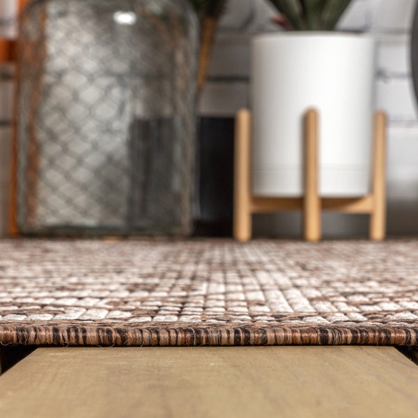 HomeRoots 9' Modern Taupe and Espresso Square Geometric Area Rug for Indoor & Outdoor Spaces, Durable & Stylish 704372