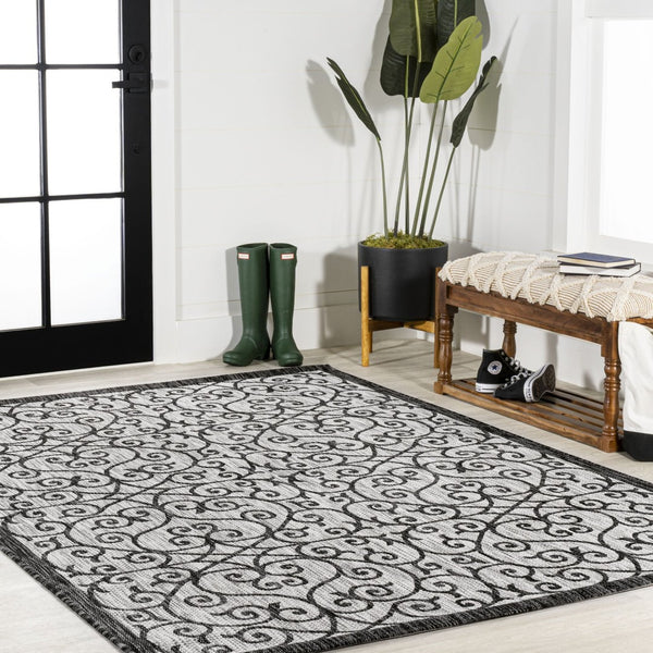 HomeRoots 6' Geometric Light Gray and Black Area Rug – Durable Indoor/Outdoor Design for Modern Spaces! 704374