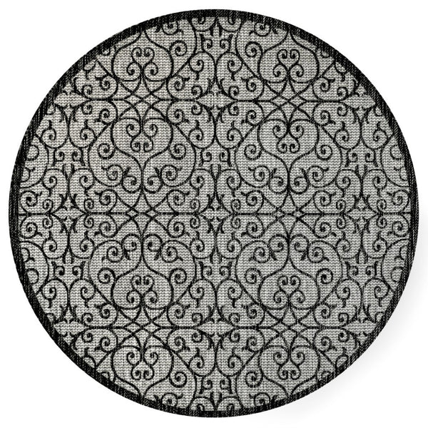 HomeRoots 8' Light Gray & Black Round Geometric Area Rug - Stylish, Durable, Low-Maintenance for Indoor/Outdoor Use 704375