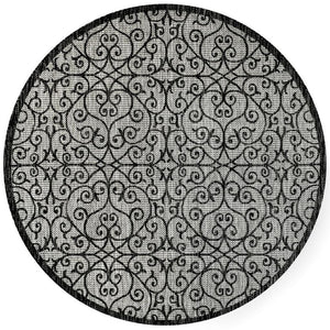 HomeRoots 8' Light Gray & Black Round Geometric Area Rug - Stylish, Durable, Low-Maintenance for Indoor/Outdoor Use 704375