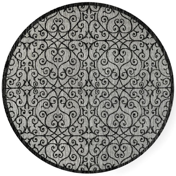HomeRoots 8' Light Gray & Black Round Geometric Area Rug - Stylish, Durable, Low-Maintenance for Indoor/Outdoor Use 704375