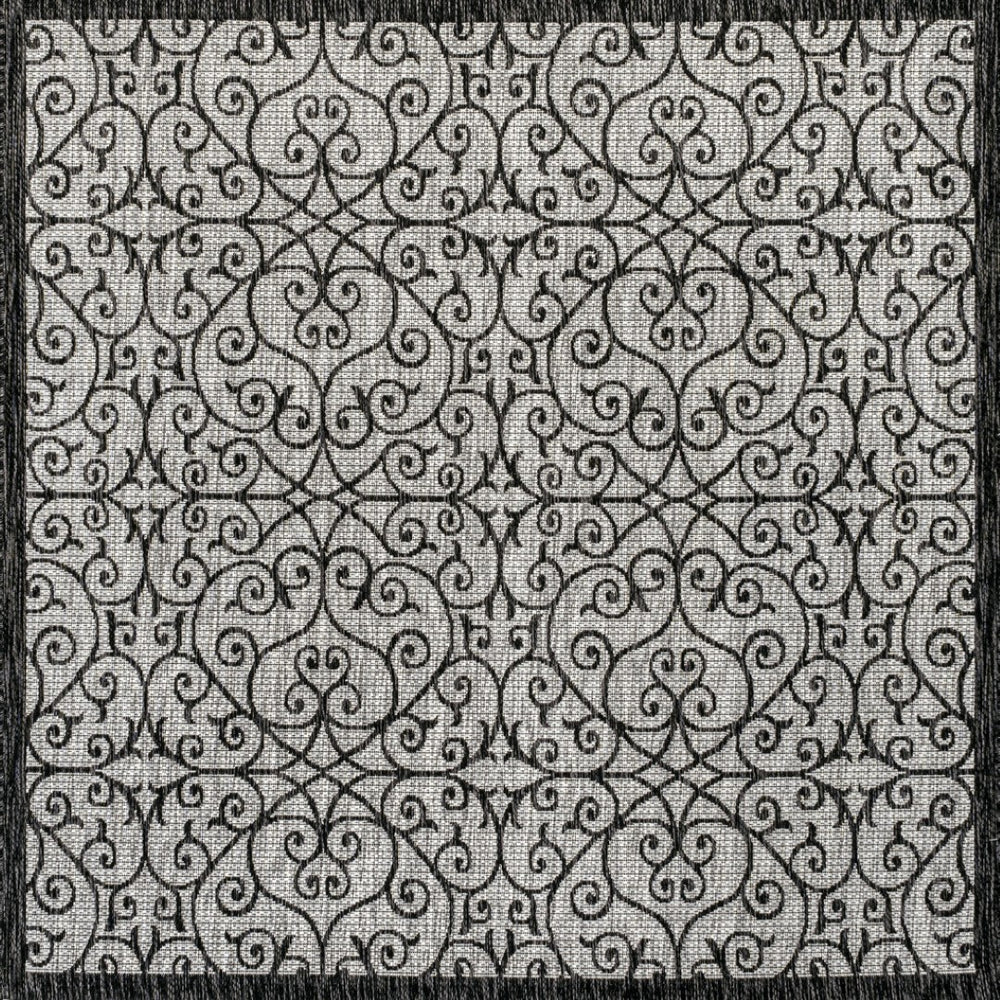 HomeRoots 8' Light Gray and Black Square Geometric Area Rug - Stylish Indoor/Outdoor Design for Modern Spaces 704376