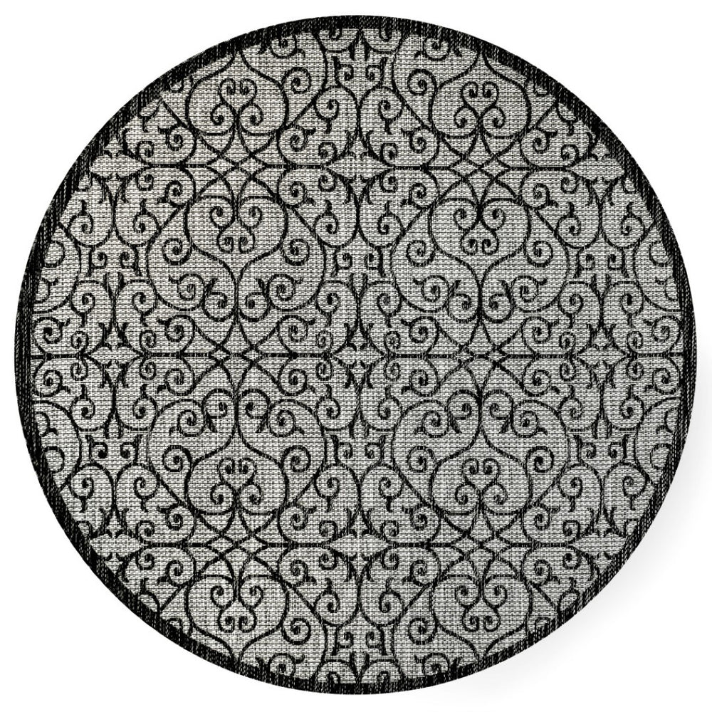 HomeRoots 9' Modern Light Gray and Black Geometric Round Area Rug for Indoor or Outdoor Stylish Decor 704377