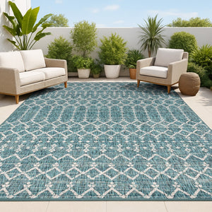 HomeRoots 6' Teal Blue and Gray Trellis Area Rug - Stylish Indoor/Outdoor Solution for Modern Spaces & Durability 704385