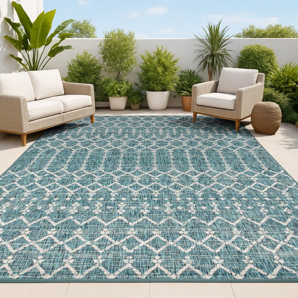 HomeRoots 6' Teal Blue and Gray Trellis Area Rug - Stylish Indoor/Outdoor Solution for Modern Spaces & Durability 704385