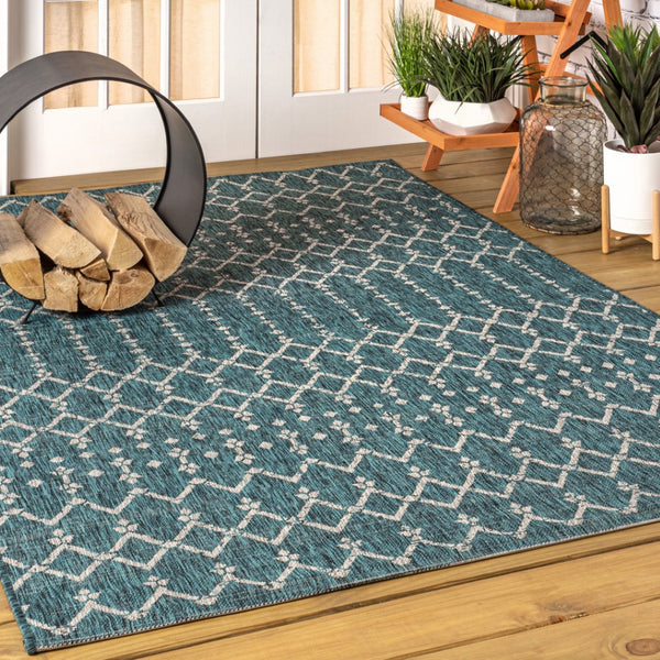 HomeRoots 6' Teal Blue and Gray Trellis Area Rug - Stylish Indoor/Outdoor Solution for Modern Spaces & Durability 704385