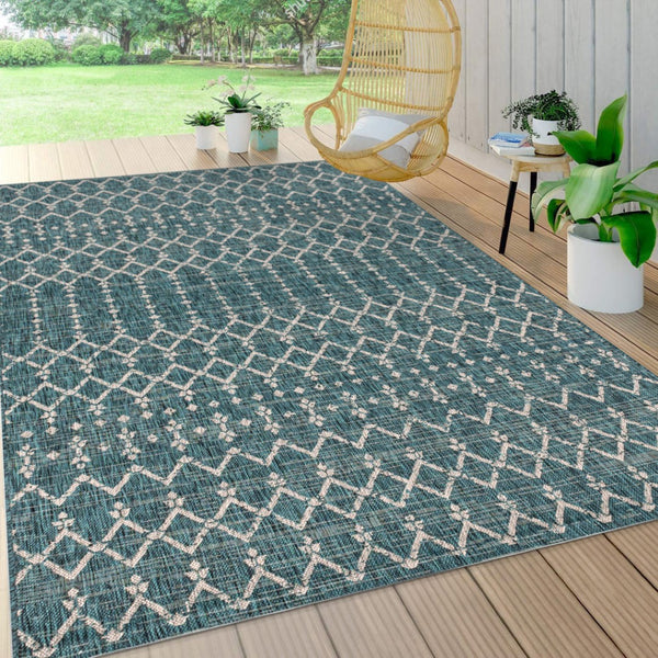 HomeRoots 6' Teal Blue and Gray Trellis Area Rug - Stylish Indoor/Outdoor Solution for Modern Spaces & Durability 704385