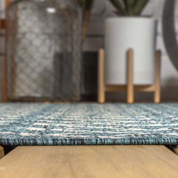 HomeRoots 6' Teal Blue & Gray Square Trellis Rug - Stylish, Durable Design for Indoor & Outdoor Spaces 704387