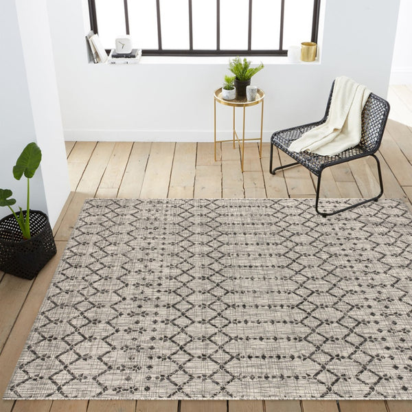 HomeRoots 10' Light Gray & Black Trellis Area Rug - Durable Indoor/Outdoor Design for Elegance & Versatility 704394