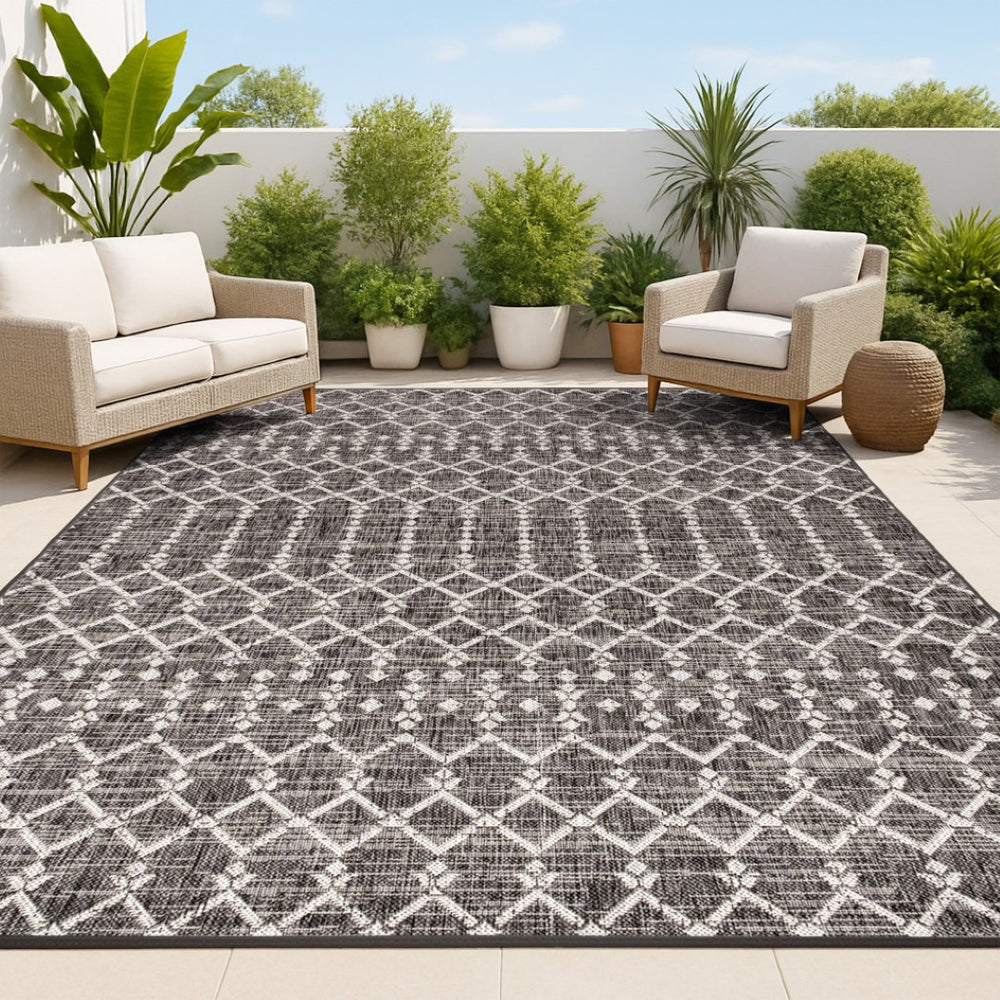 HomeRoots 10' Black and Gray Trellis Area Rug - Versatile Indoor/Outdoor Design, Durable & Easy to Maintain! 704396
