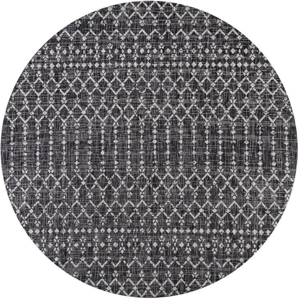 HomeRoots 9' Round Trellis Rug in Black and Gray – Stylish Indoor/Outdoor Area Decor with Easy Care & Durability 704403