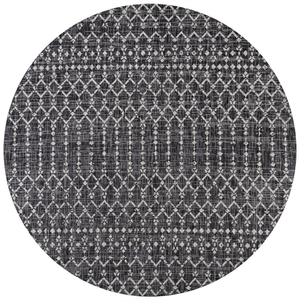 HomeRoots 9' Round Trellis Rug in Black and Gray – Stylish Indoor/Outdoor Area Decor with Easy Care & Durability 704403