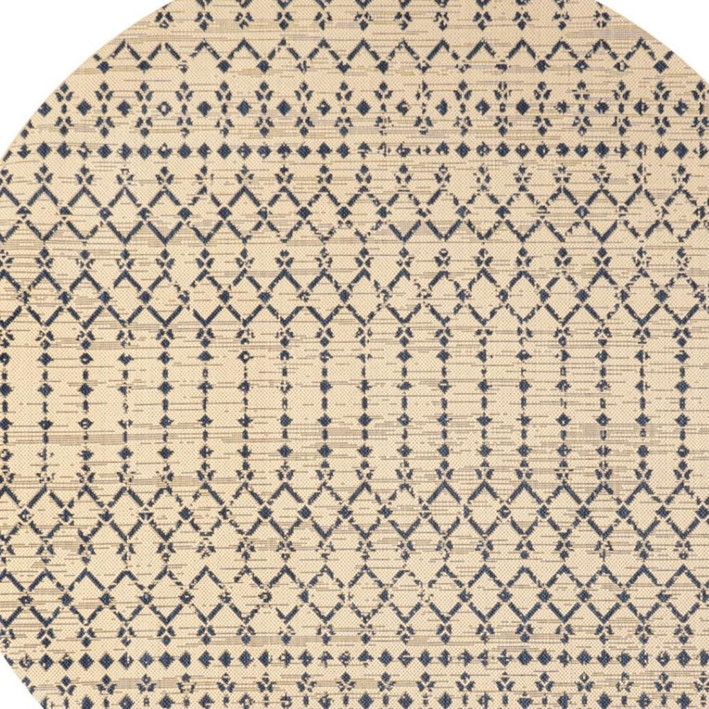 HomeRoots 8' Beige and Navy Blue Round Trellis Rug - Durable Indoor/Outdoor Design for Patios & Living Areas 704410